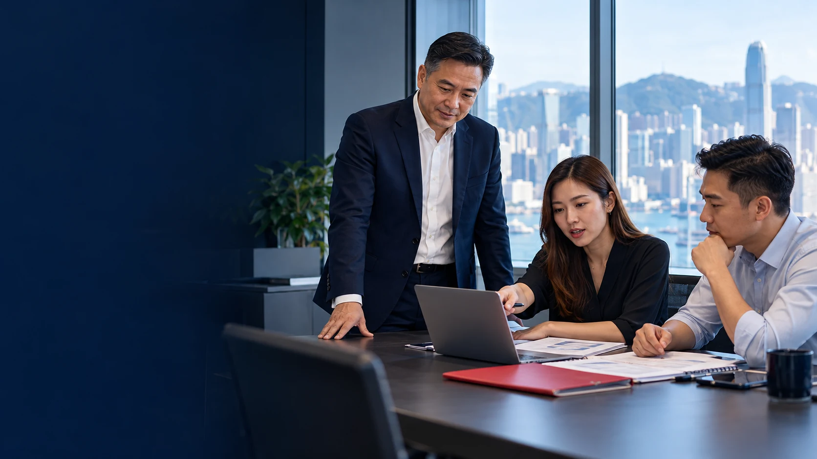 Brand scenario illustration of an executive team reviewing operating information in a meeting room